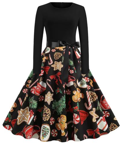 RUISHH Damen Langarm Cocktaikleid Halloween Weihnachten Motiv Elegantes Partykleid Weihnachtskleider Vintage Rockabilly Christmas Kleider Christbaumschmuck M