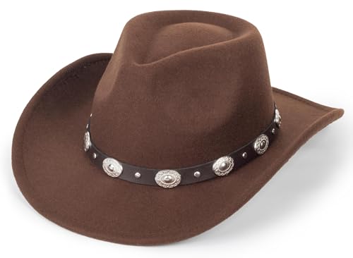 Schwarzer Cowboy-Cowgirl-Hut für Damen und Herren, Western-Stil, breite Krempe, Filz, Fedora-Hut mit abnehmbarer Gürtelschnalle, Größe M, Kaffee-Style A, 7.25