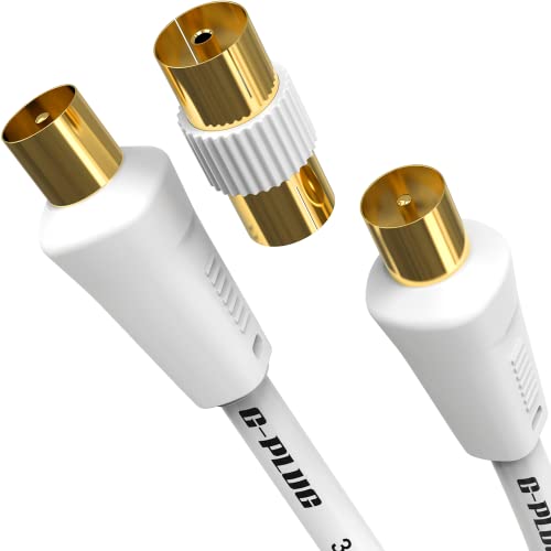 G-PLUG TV Antennenkabel 5m rechtwinklig mit Steckeradapter – Koaxialkabel Sat Kabel Stecker auf Stecker mit RF-Anschluss, Koax-Verlängerung Gold – für TV Receiver, 1&1 und Sky Box