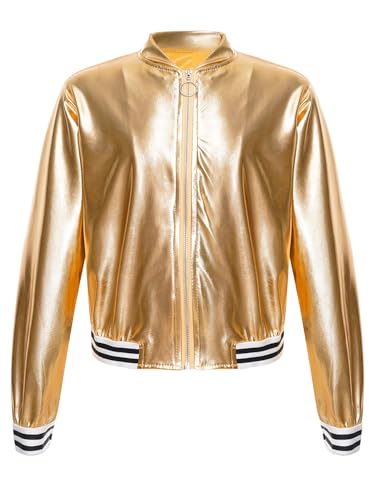 Aislor Jacke Kinder Mädchen Glänzende Bolerojacke Langarm Jacket Glitzer Top mit Reißverschluss Bikerjacke Hip Hop Disco Blazer Karneval Kostüm Gold 110-116