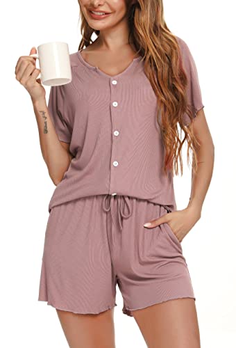 Vlazom Damen Schlafanzug Kurzarm Pyjama Set mit Knöpfe V-Ausschnitt Sleepwear Sommer Nachtwäsche(L,Stil B-Dunkelpink)