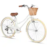 Glerc Missy 26" Zoll Mädchen Cruiser Jugend Teen Frau Fahrrad 6-Gang Teen Hybrid Fahrrad für Jugendliche im Alter von 14 15 16 17 18 19 20 Jahre alt mit Weidenkorb & Leichtgewicht, Weiß