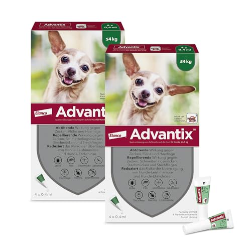 Advantix Sparset: Elanco Spot-On für sehr kleine Hunde bis 4 kg gegen Zecken, Sandmücken, Stechmücken, Stechfliegen und Flöhe: Wirkung bis zu 4 Wochen, 2 x 4 Pipetten-Packung