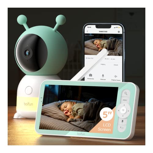 BOIFUN Babyphone mit Kamera 2K/3MP, 5 Zoll Wlan Video Babyfon, PTZ 355°, 4×Zoom, Automatische Verfolgung IR Nachtsicht, Weinen/Bewegungs/Geräuscherkennung, Temperaturmessung, App & Bildschirmsteuerung