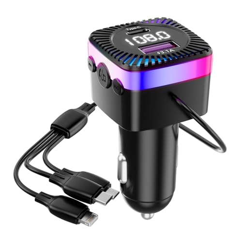 Bluetooth 5.3 FM Transmitter, TenLaitech Bluetooth Adapter Auto Radio mit 1M Kabel USB Autoladegerät, kabelloser Radioempfänger unterstützt Freisprecheinrichtung, Farblichter, LED Display, USB-Disk