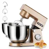 CHeflee Küchenmaschine 1500W Teigkneter mit 4,5 und 5,5L Edelstahlschüssel,10+P Geschwindigkeit Küchenmixer mit Rührhaken, Knethaken, Schneebesen und Spritzschutz （Gold）