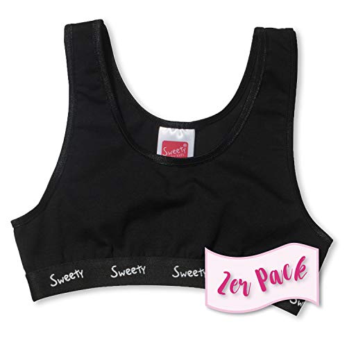 Sweety 2er Set Mädchen Bustier aus Single Jersey Gr. 128 I Sport-BH mit Breiten Trägern I Elastischer Mädchen BH für Kinder mit Einfassband I Kinder Unterwäsche I BH für Mädchen I Schwarz