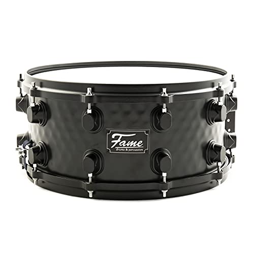 Fame FSS-65 Snare Drum, 14"x6.5", Hammered Black Steel, Professional Quality, Remo Skins, Die-Cast Hoops, 10 Tuning Screws, Includes Drum Sticks, Ideal for Beginners"