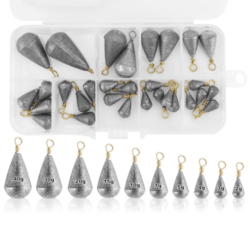 30 Stück Tropfenform Angelgewichte Kit, Birnenblei Angeln Zehn Größen, Tropfenform Angeln Grundblei mit Plastikkiste, Angeln Casting Blei Sinker, Blei Freien Angel Zubehör für Eine Stausee See