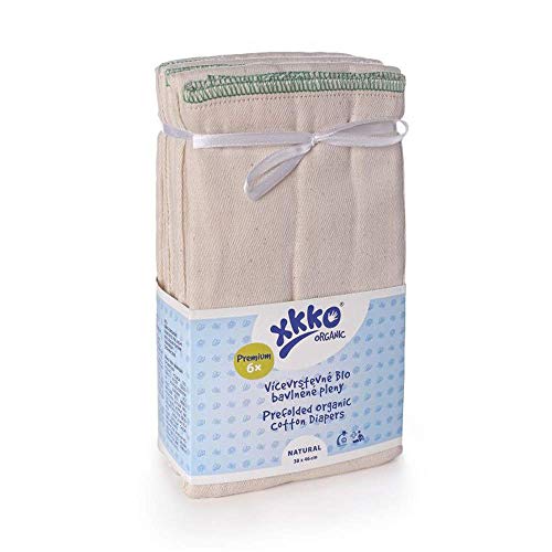 XKKO Prefolds - 100% Bio-Baumwolle - (6 Stück) - große Kinder / Premium / Large (grüner Saum) - 38x46 cm (7-14 kg)