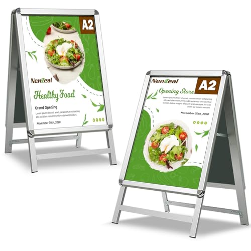 NewZeal A2 A-Board Gehwegschild, doppelseitiger Posterhalter, Ständer, Aluminium-Pflaster-Anzeigetafel mit Schnapprahmen für Außenwerbung, Silber