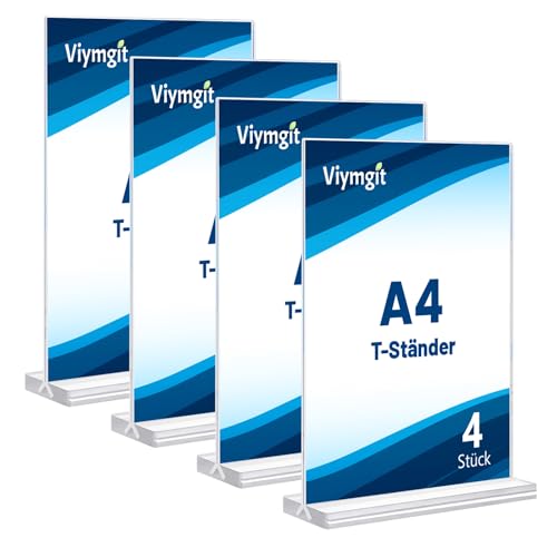 Viymgit 4 Stück Aufsteller DIN A4, glasklarer T-Ständer Hochformat Acryl A4 Werbeaufsteller, Tischaufsteller für Werbung, Speisekarte, Hinweisschild