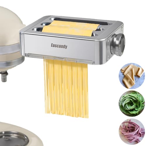 Eascandy Edelstahl Nudelaufsatz für KitchenAid, Metall 3-in-1 Pasta Aufsatz für KitchenAid-Küchenmaschine, 8 Gänge verstellbarer Nudelrollen-Aufsatz für Fettuccine-Linguine-Nudelblätter