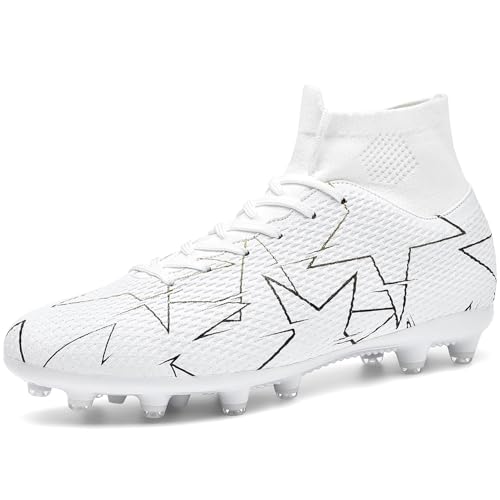 WETIKE Fußballschuhe Herren High Top Spike Professionelles Trainingsschuhe Damen Athletics Fussballschuhe Outdoor Sport Football Schuhe,D Alle Weiß,37 EU