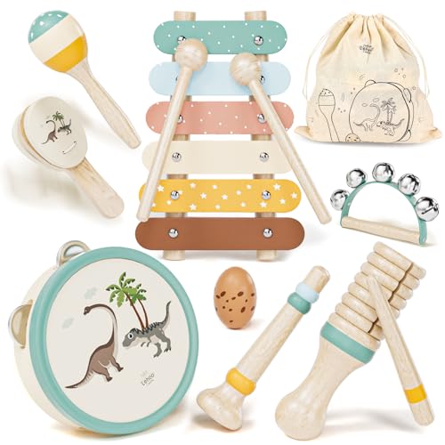Lehoo Castle Musikinstrumente für Kinder, Montessori Holzspielzeug ab 2 3 Jahre, Instrumente Set mit Xylophone Trommel für Kindergarten, Musik Lernspielzeug Geschenk für Baby Mädchen Junge