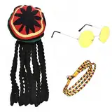 SDXCJY Rasta-Set, authentische jamaikanische Dreadlocks-Perücke, Hut, gelbe Brille und geflochtenes Armband für Partys, Cosplay und Maskerade (bunt)