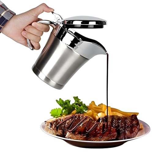 Edelstahl Thermo Sauciere,Soßenkanne aus doppelwandigem Edelstahl - isolierter Saucenbehälter mit Klapp-Deckel und Henkel,Saucenbecher für Vanillesoße Soße Sahne Mayonnaise Milch(450ml)