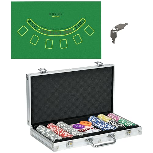 SPORTNOW Pokerkoffer Set, 300 Pokerchips 11,5 Gramm, Pokerset mit Schloss, 2 Pokerdecks, 5 Würfel, 1 Dealer Button, 1 Small Blind,1 Big Blind, Silber