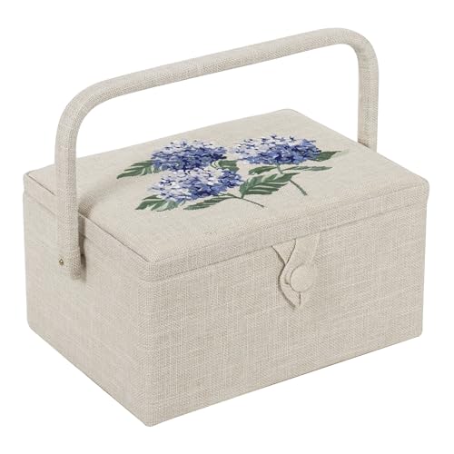 Hobby Gift Exclusive Mittelgroße Nähhandwerk-Bastel-Aufbewahrungsbox, Zubehörablage, Nadelkissen, Tasche, PVC-Griff, bestickter Deckel, 18,5 x 25,5 x 14,5 cm, Hortensie