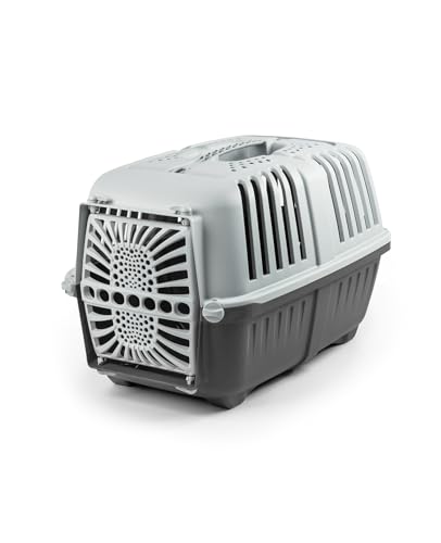 lionto Hundetransportbox aus robustem recyceltem Kunststoff, 55x36x36 cm, Transportbox mit praktischem Schließsystem & Tragegriff, auch geeignet für Katzen & Kleintiere, für Haustiere bis 15kg grau