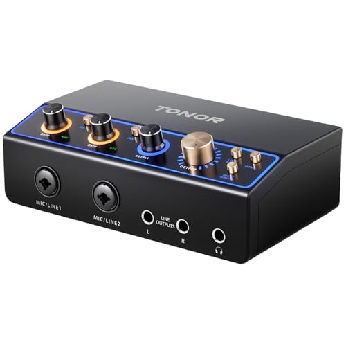 TONOR Audio Interface für Streaming Podcasting Studio ASMR Aufnahmen, 2-Kanal XLR Audio Mixer mit RGB für Gamer Musiker Songwriter Gitarristen Content Creators in HiFi-Studioqualität TX510 Schwarz