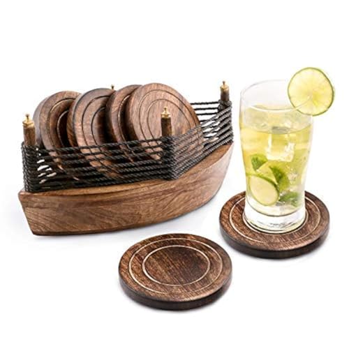 6er -Set handgefertigter Getränke-Untersetzer aus Holz: umweltfreundlich, saugfähig, mit antiker Optik. (Boat Coaster)