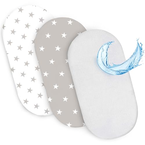 Spannbettlaken Kinderwagen stubenwagen für Babybett - 2X Bezug mit 1X Wasserdicht matratzenschoner 75x35 cm - matratzenbezug Spannbetttuch bettlaken Sterne weiß grau