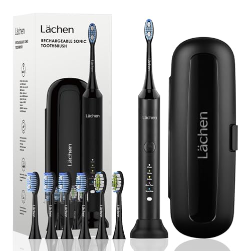 Lächen Elektrische Zahnbürste, Lächen Schallzahnbürste, 5 Reinigungsprogramme mit Reiseetui, 6 Zahnbürstenköpfe, wiederaufladbar, IPX7 wasserdicht, Schwarz