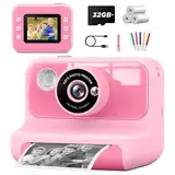 Sofortbildkamera Kinder,LETSHAHA 1080P 20MP Kinderkamera Sofortbildkamera mit 10X,2.4 Zoll Bildschirm Videokamera Schwarzweiß Gedrucktes Foto mit 3 Rollen Druckpapier & 32GB Karte, Geschenk Kinder