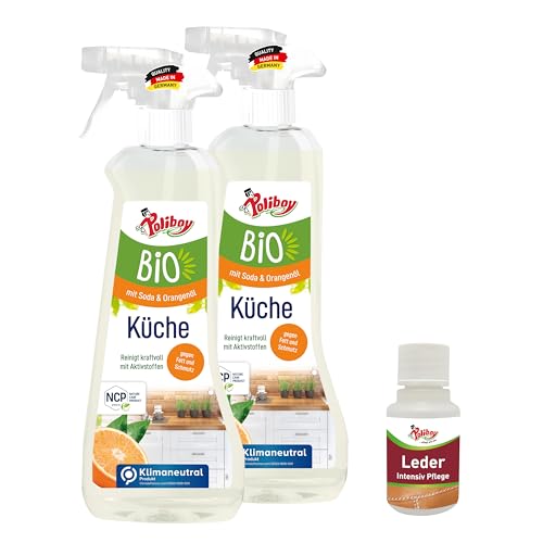 POLIBOY BIO Küchen Reiniger - Entfernt Fett & Verschmutzungen - Orangenduft - Vegan - 2x 500 ml - Mit Produktprobe - Made in Germany