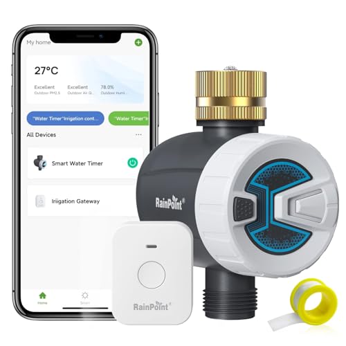 RAINPOINT Bewässerungscomputer WLAN, Automatische Bewässerungssystem mit Messing-Einlass, Zyklus-Soak-Modus, Smart APP-Fernbedienung über 2,4 GHz WiFi oder Bluetooth, für Rasen und Garten