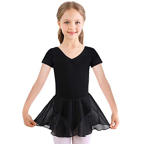 Kinder Ballettkleidung Mädchen Ballettkleid Kurzarm Balletttrikot Ballettanzug Tanzkleid Tanzbody aus Baumwolle mit Chiffon Rock Tütü 150