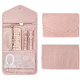 Faltbare Reise Schmuck Organizer,Leder Schmuckaufbewahrung Schmuckrollen Tragbare,Aufbewahrungstasche für Schmuck, Schmuckrolle Organizer Tasche für Ohrringe Halsketten Ringe Armbänder Uhren (Rosa)