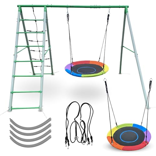 HyperMotion Swing HYP10 Kinderschaukel Outdoor Set - Garten Spielplatz mit Storchennest Schaukel (45 kg), Kletterleiter & Netz - Wetterfeste Spielanlage für Kinder ab 3 Jahren