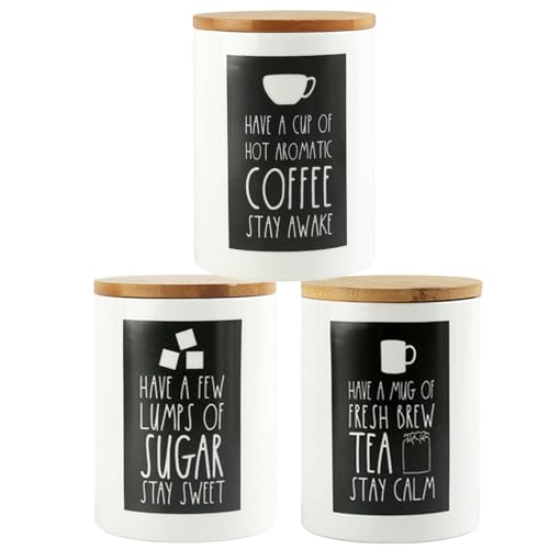 Weduspaty Kaffee- und Zuckerbehälter SetCoffee Tee Zuckerbehälter Set aus 3 Zucker- und Kaffee -Glas -Set Keramikkaffeekanister mit luftdichtem Bambusdeckel