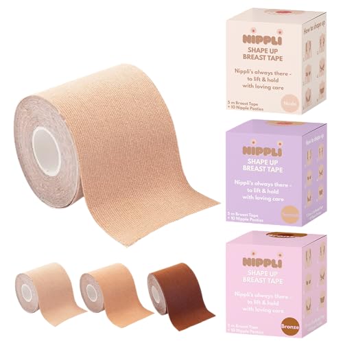 Nippli Shape Up Breast Tape Nude – Boob Tape extra Breit & Feuchtigkeitsbeständig – Nipple Cover 7,5cm x 5m, inkl. 10 Nipple Pads – Brust Tape für den perfekten Halt ohne BH