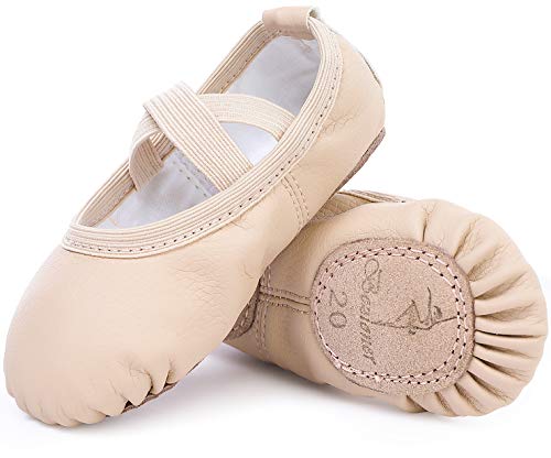 Ballettschuhe aus Leder Ballettschläppchen Tanzschuhe Gymnastikschuh mit Geteilte Ledersohle für Kinder Damen Beige 30