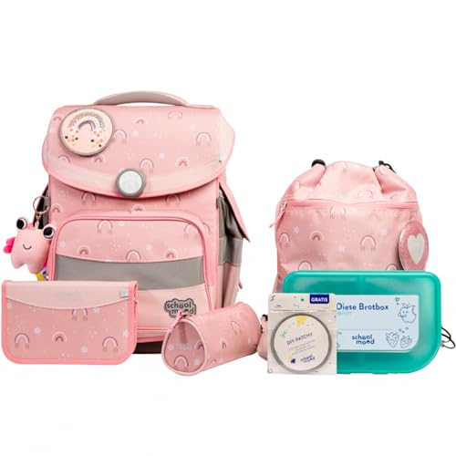 SCHOOL-MOOD Timeless Pro Schulranzenset 7-teilig 23,5L Stauraum, ergonomisches Easy Fit System für 1 m bis 1,50 m Körpergröße, standfest, wasserdichter Stoff mit Reflektoren (Rainbow)