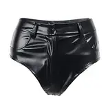 Leder Shorts für Damen Kurz Lederoptik Glanz PU Hose Push Up Kunstleder Hotpants Sexy Hohe Taille Mini Shorts Elastisch Kurze Hose Fasching Rave Tanz Nachtclub Karneval Gogo Clubwear Schwarz D XL