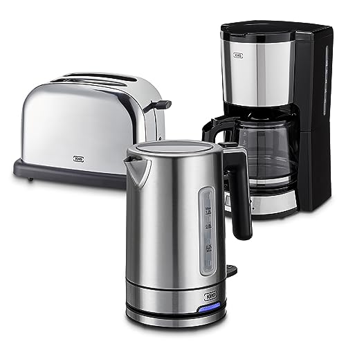 KHG Frühstücksset 3-teilig Wasserkocher, Toaster & Kaffeemaschine, Edelstahl Silber Chrom, Kapazität 1 Liter, 2 Toast Scheiben & 12 Tassen Kaffee, präziser Ausgießer, 6 Röststufen, LCD-Display