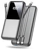 Power Bank 15000mAh, Tragbares Ladegerät mit integrierten Kabeln, 3 Anschlüssen USB C Schnellladung Powerbank Externer Akku Kompatibel mit iPhone 16 15 14 13 Android und mehr, Grau