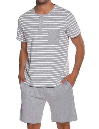 Leversic Schlafanzug Herren Kurz aus Baumwolle mit Kontraststreifen Design, Sommer Pyjama Set Oberteile und Kurze Hosen, Vater und Partner, Grau, L