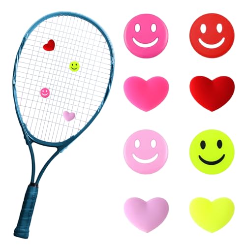 8Pcs Tennis Dämpfer Lustig Vibrationsdämpfer Tennisschläger Tennis Vibrationsdämpfer Dämpfer Tennisschläger Silikon Herzförmiger Smiley Tennis Dämpfer für Tennisschläger Badmintonschläger(4 Farben)