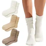 BelleVive 3 Paar Crew-Socken für Damen, gepolsterte Sportsocken aus Baumwolle, Retro-Slouch-Socken, Rippensocken mit mittlerer Wade, ästhetische Slouchy-Boot-Kleid-Socken, Color 2