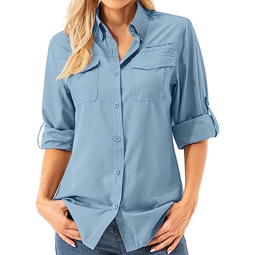 Asfixiado Damen Hemdbluse UV Shirt UPF 50+ Safari Kleidung Wanderbluse Damen Outdoor Cooling Quick Dry Sonnenschutz Langarm Luftiges Hemd（5072 Blue M）