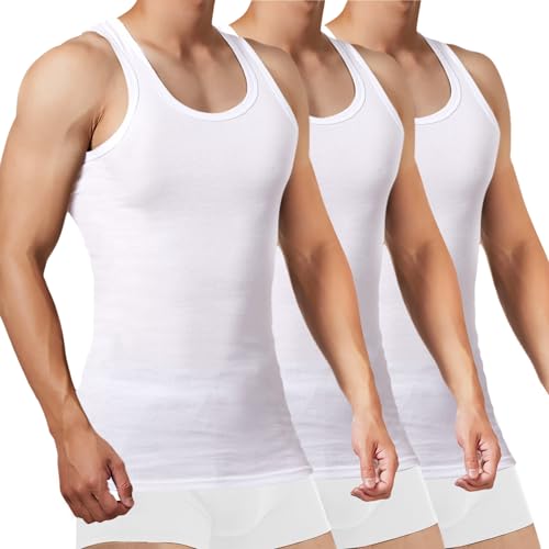 FALARY Unterhemd Herren Tank Top Herren 100% Baumwolle Männer Tanktops Muskelshirts 3er Pack Sportunterhemden für Herren,(Weiß x3,L)