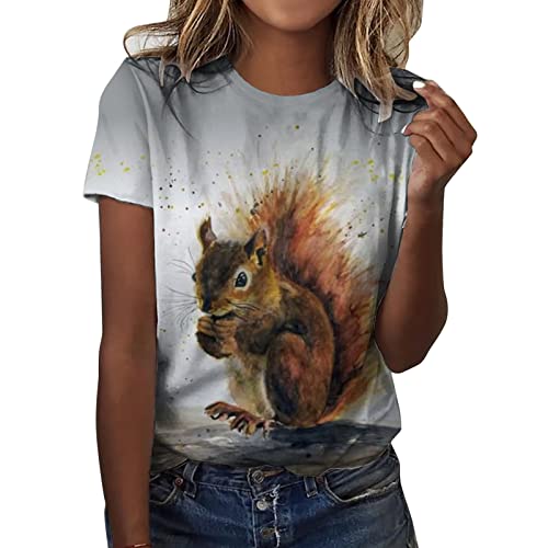 HOOUDO Damen Tshirt Elegant Damen-T-Shirts mit Rundhalsausschnitt, Eichhörnchen-Print, Kurzarm, lässig, T-Shirt, Oberteile, niedliche Grafik-Hemden, Bluse Wickeltop