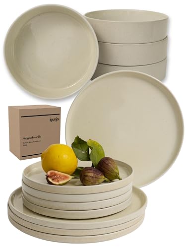 igunja Steingut Geschirrset 12 teilig für 4 Personen Premium Qualität spülmaschinenfest kratzfest [außen matt innen glossy] Tafelservice Geschirr Set Teller Set stylishes Design modern beige Geschirr