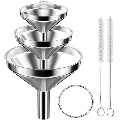 Newpop 3 Stück Trichter Edelstahl set, Stapelbarer Kleiner Trichter mit 2 Langem Griff Reinigungsbürste, Marmeladentrichter zum Übertragen von Flüssigkeit Kochölen Marmelade und Pulver 4.5/5.5/7.5cm