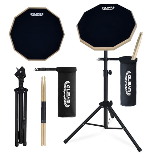 GLEAM Schlagzeug-Übungspad mit Eisentrommelständer Set, 30,5 cm Silent Practice Pad Kit mit Drumsticks, Drumstick Halter, geeignet für Anfänger, Schwarz